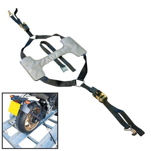 Motorcycle Wheel Brace Ratchet Tie Down Strap Securing Transport System — image 1