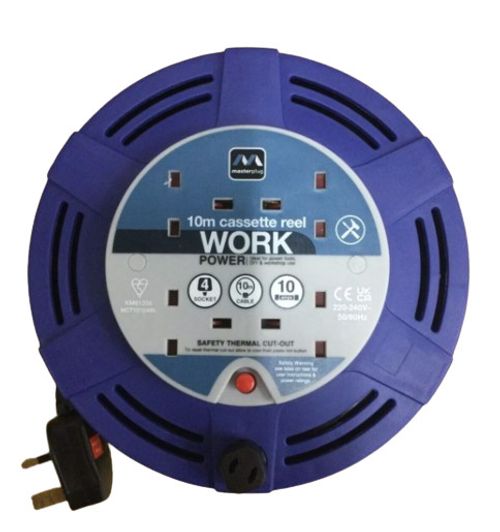 Extension Lead Reel 10m Cable - Heavy Duty 4 Socket 10A Cassette - Masterplug — image 16