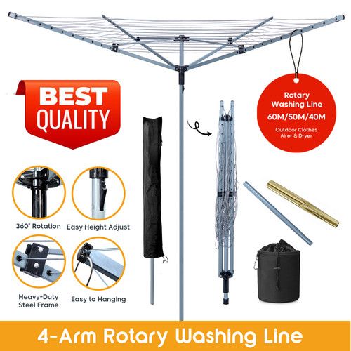 Heavy Duty 60m Rotary Washing Line 4 Arm Outdoor Clothes Airer Dryer Cover UK
