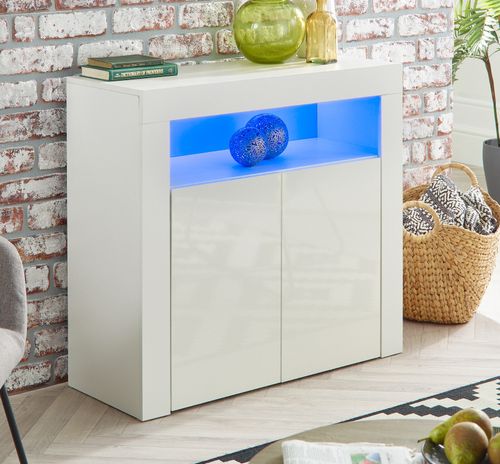 White Gloss Sideboard Storage Cabinet 90cm 2 Door LED Lights Cupboard — image 10