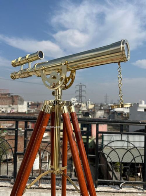 Vintage Brass Nautical Telescope with Adjustable Wooden Tripod Stand Home Decor
