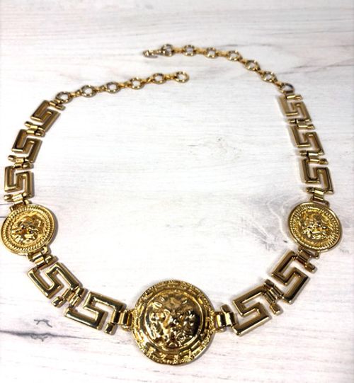 Vintage Gold Lion Head Medallion Belt Greek Key Statement Waist Chain 36