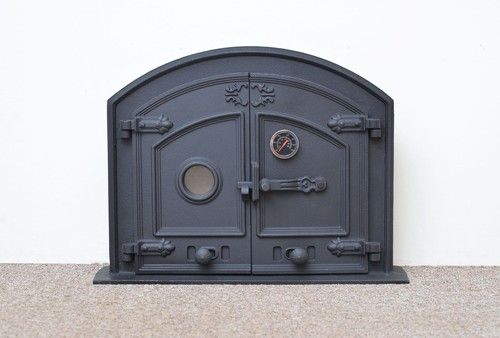 Cast iron fire door clay bread oven pizza door - twin leaf  with thermometer