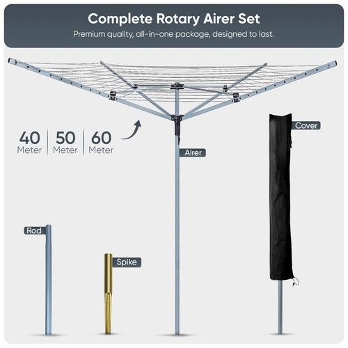 Heavy Duty 4-Arm Rotary Washing Line Clothes Dryer - 60M/50M/40M Outdoor Airer