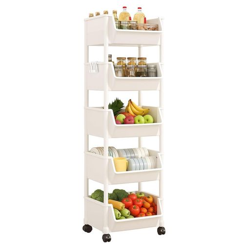 5 Tier Storage Trolley Cart On Wheels Kitchen Rolling Organizer Rack Room White — image 2