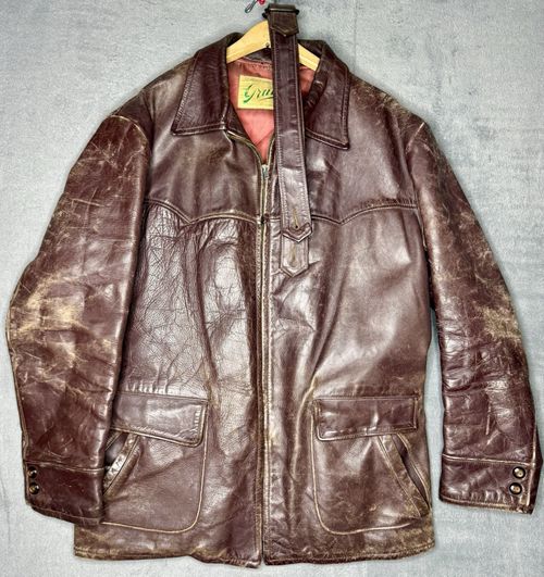 VTG 1950s Grais Front Quarter Steerhide Leather Car Coat Jacket Half Belt Sz 42L — image 1