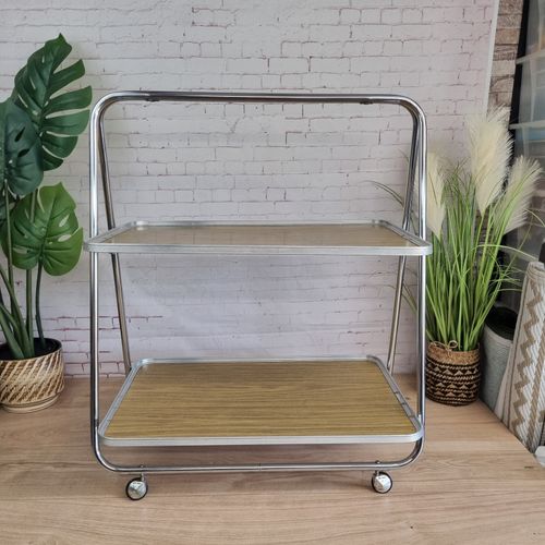 Vintage 2 Tier Folding Tea Trolley Metal Wood Effect Trays Serving Hostess Retro — image 2