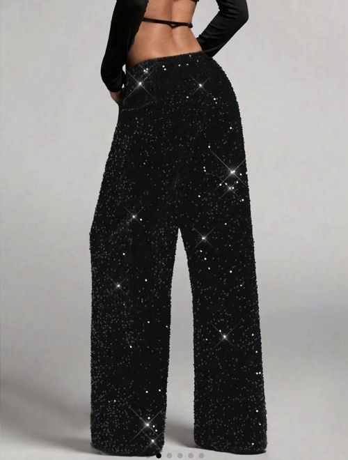 Women’s Black Sequin Stretch Wide-Leg Dress Pants 10 Party Drawstring Elastic — image 2