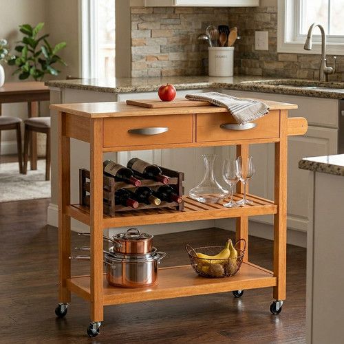 Kitchen Island Cart Rolling Storage Trolley 2 Drawers Shelves Wood Top Natural
