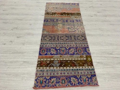 2.7x6.5 Turkish Vintage Rug Colorful Patchwork Oushak Runner Distressed Carpet
