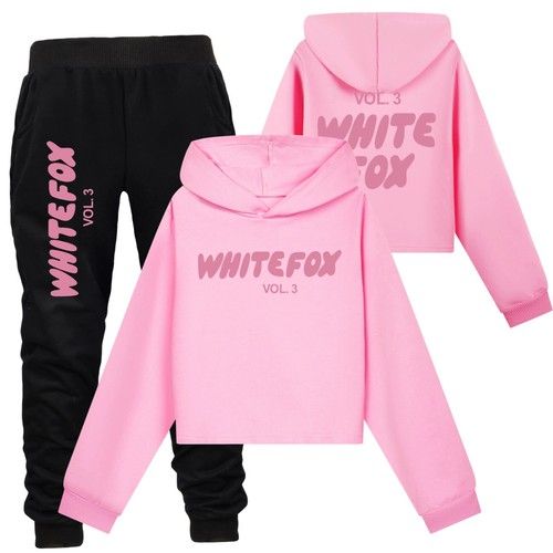 Kids White Print Foxes Casual Cropped Hoodie Pants Suit Sweatshirt Hoody TopsNew