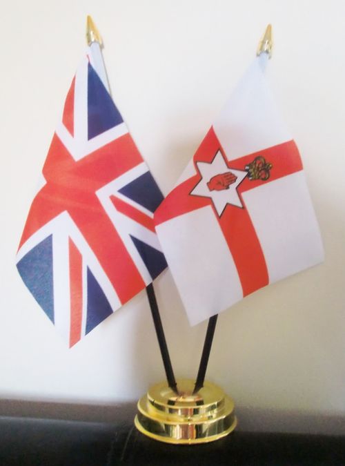 UNION JACK AND NORTHERN IRELAND TABLE FLAG SET 2 flags plus GOLDEN BASE — image 1