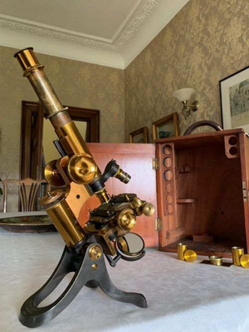 Antique Henry Crouch Histological Brass Microscope - circa 1887, Cased