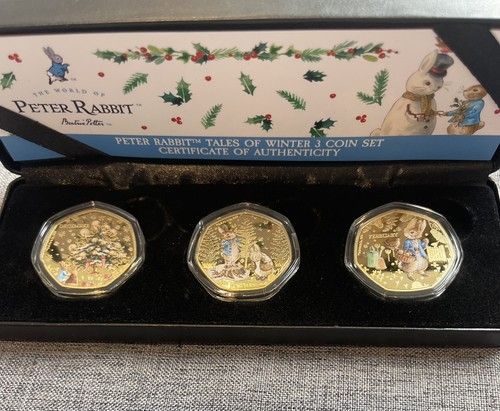 Peter Rabbit tales of winter 3 coin set In Beautiful Presentation Box With Coa