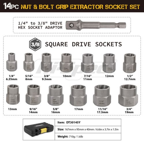 Bolt Nut Extractor Set 14pc Screw Removal Kit Stripped Rounded Rusted Hi-Spec — image 5