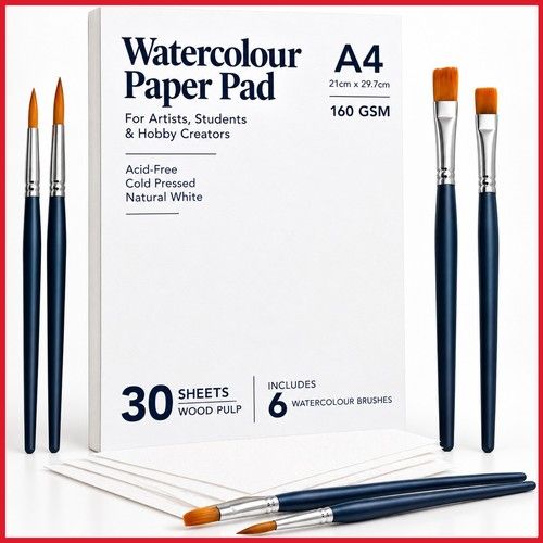 A4 Watercolour Paper Pad 30 Sheets 60 Pages Cold Pressed Artist 160GSM 6 Brushes