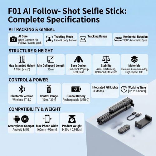 192cm 360 AI Face Tracking Selfie Stick Tripod w/2 Fill Lights Auto Open Stand — image 10