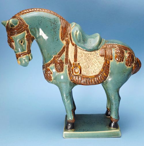 Green Tang Dynasty sancai style Hand Painted Ceramic Horse Figurine  10⅓in x 11