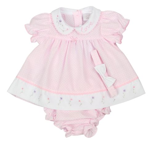 Baby Girl Dress Set Outfit Embroidered Bow Headband Pink — image 6