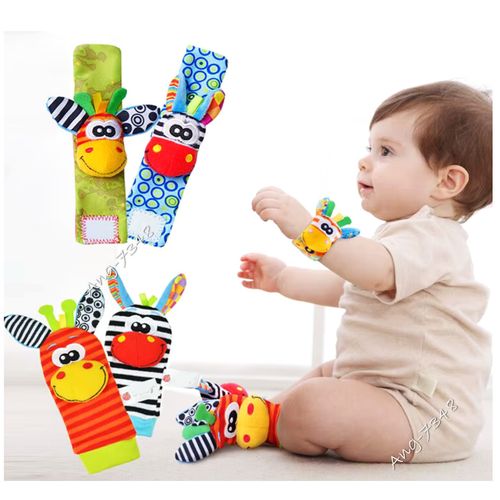 4 piece Baby Toddler Socks Wrist Bands Set Rattle Plush Sensory Socks 3-12m — image 3