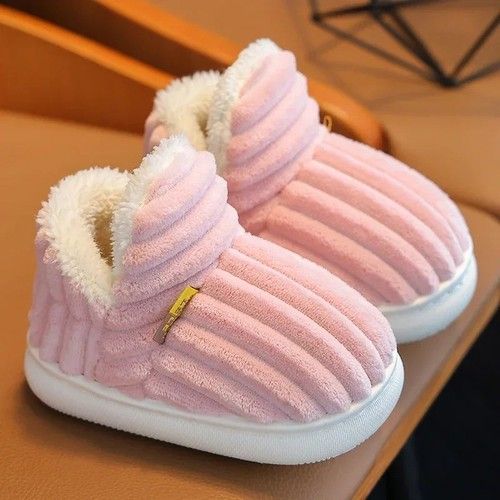 Kids Plush Slippers Warm Winter Fleece Non Slip Soft Sole Boys Girls Home Shoes