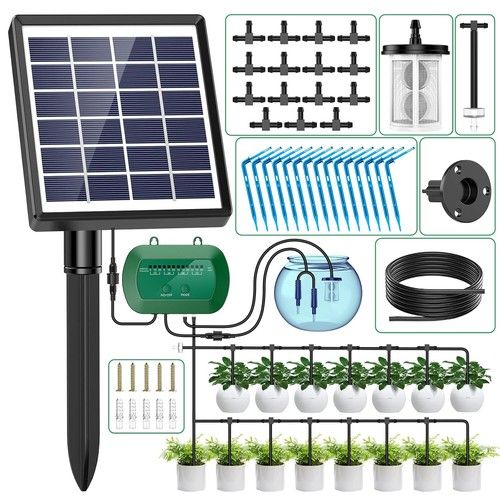 50FT Solar Automatic Drip Irrigation System Kit + Plant Watering Timer Set Lawn