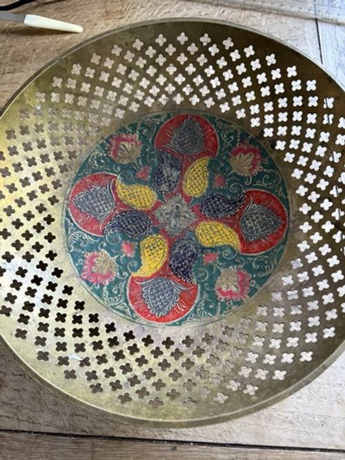 Large Vintage Indian Pierced Brass Bowl Hand Painted Floral 45cm Decorative