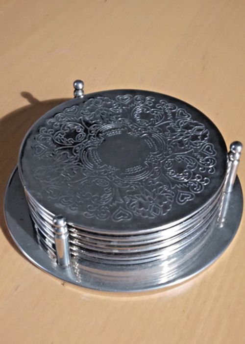 Vintage Engraved Silver Plated 9cm Round Coaster Set x 6 Coasters and Holder