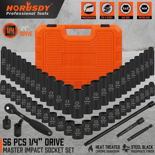 56PC 1/4" Drive Master Impact Socket Set Ratchet & Adapter Joint Imperial Metric
