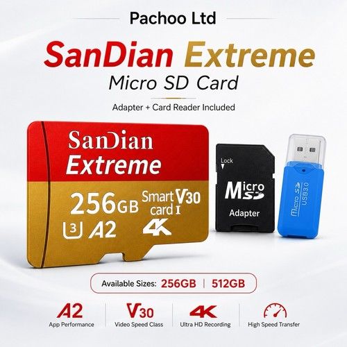SanDian Extreme Micro SD Card 256GB 512GB V30 U3 A2 4K Memory Card + Adapter