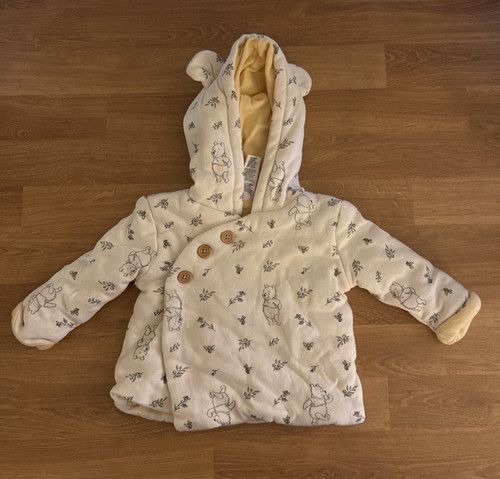 Disney Baby Winnie The Pooh Baby Sz 6/9M Cream Three Button Hooded Coat Bear Ear
