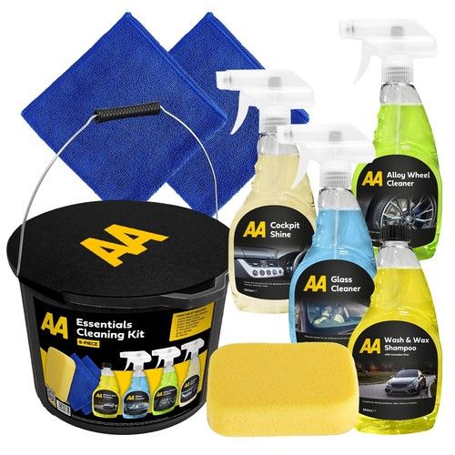 AA Car Cleaning Kit, 8-Piece with 4 Cleaners, 2 x  Cloths, Sponge and 15L Bucket