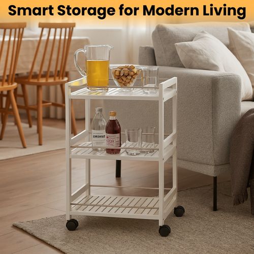 3-Tier Wooden Trolley on Wheels Kitchen Storage Serving Rolling Cart Steel Bars — image 4