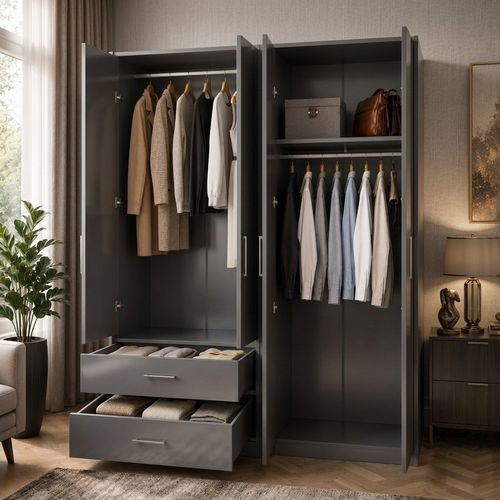 Modern High Gloss Grey Mirrored Wardrobe 4 Door 2 Drawer | Large Bedroom Storage — image 3
