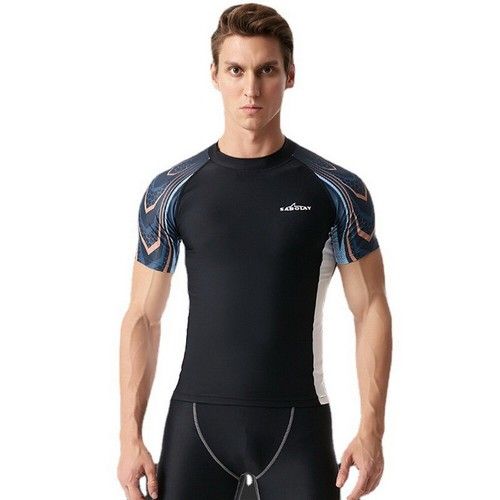 Men Short Sleeve Surf Tops Wetsuit Rash Guard Swim Shirt Short Pants Shorts Set