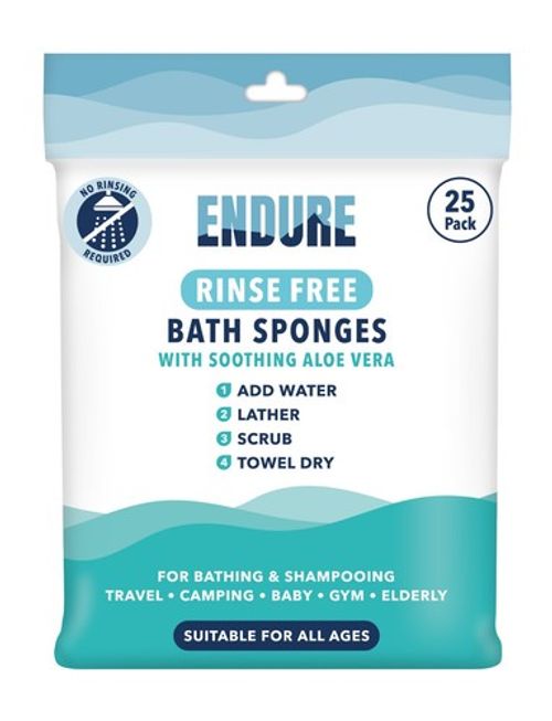 Endure Rinse Free Bath Shower Sponge Wipes – Just add Water (25 Per Pack)