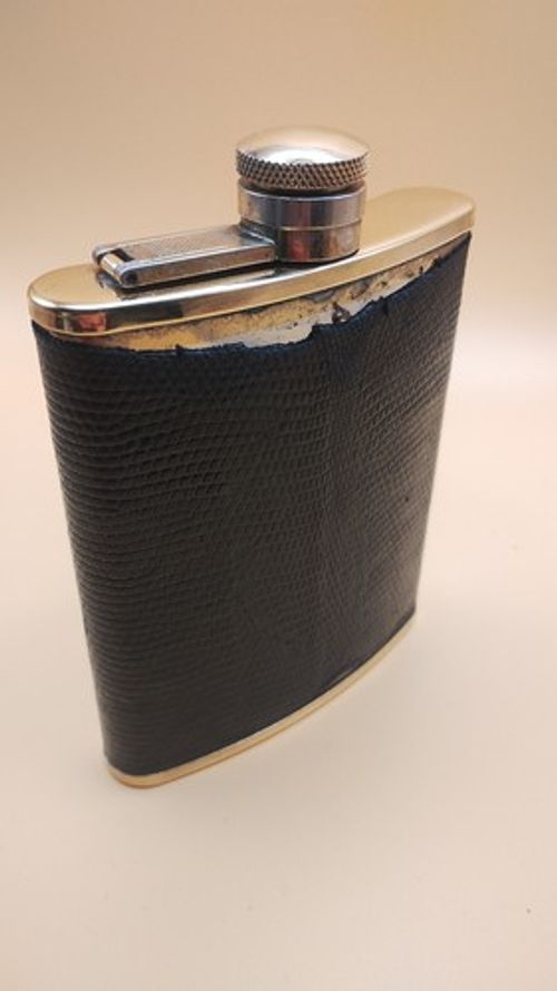 Vintage Garrard Gold Plated Hip Flask 6oz Stainless Steel Made in England Black