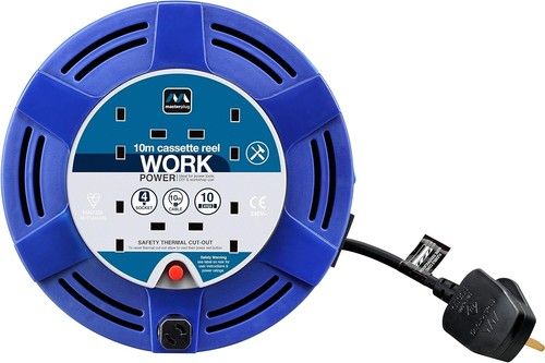 Extension Lead Reel 10m Cable - Heavy Duty 4 Socket 10A Cassette - Masterplug
