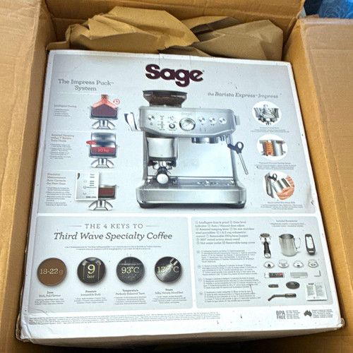 Sage Barista Express Impress Espresso Machine Built-In Grinder Steam Wand Silver