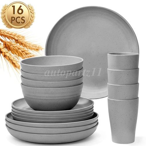 NEW 32PCS Wheat Straw Dinnerware Bowl Plates Round Multi Colours Tableware Set