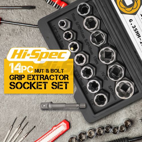 Bolt Nut Extractor Set 14pc Screw Removal Kit Stripped Rounded Rusted Hi-Spec — image 2