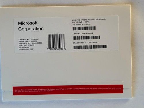 Microsoft Windows Server 2022 Standard 64 Core DVD & License Key (NEW & SEALED)