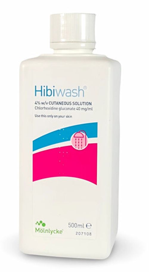 x2 Mölnlycke Hibiwash 4% w/v Chlorhexidine Gluconate Skin Solution 500ml