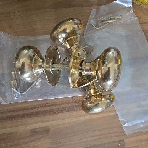 2 x Solid Natural Brass Door Knobs Rim Lock Handles New But Old Stock Reclaimed
