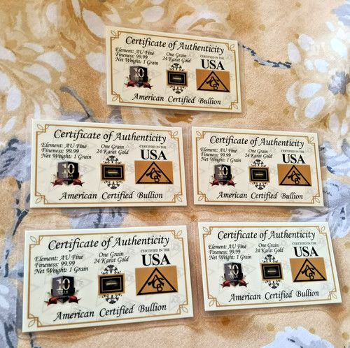 AMERICAN CERTIFIED BULLION 5 X 0.067 GRAM GOLD BARS WITH COA ON SALE