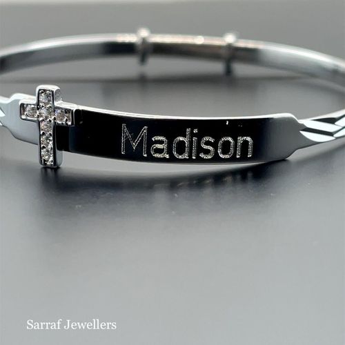 Personalized 925 Sterling Silver Christening Baby Bangle D/C Cz Cross Engravable — image 3