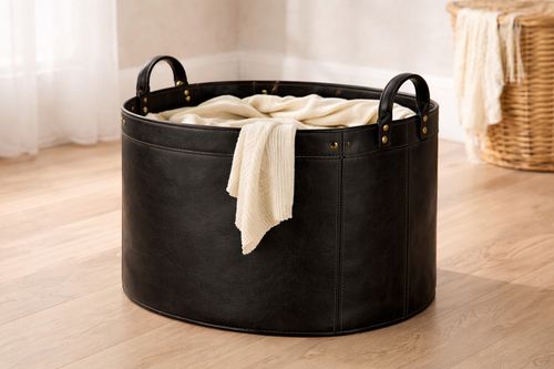 Leather Laundry Basket Hamper Large Round Storage Bin Clothes Organizer Brown — image 2