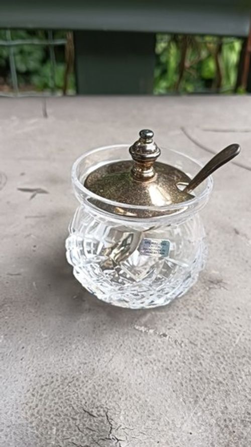 Stuart Crystal mustard pot EPNS lid and spoon unused condition 
