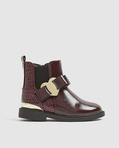 River Island Mini Girls Chelsea Boots Red Patent Heart Bow Side Zip Shoes — image 5