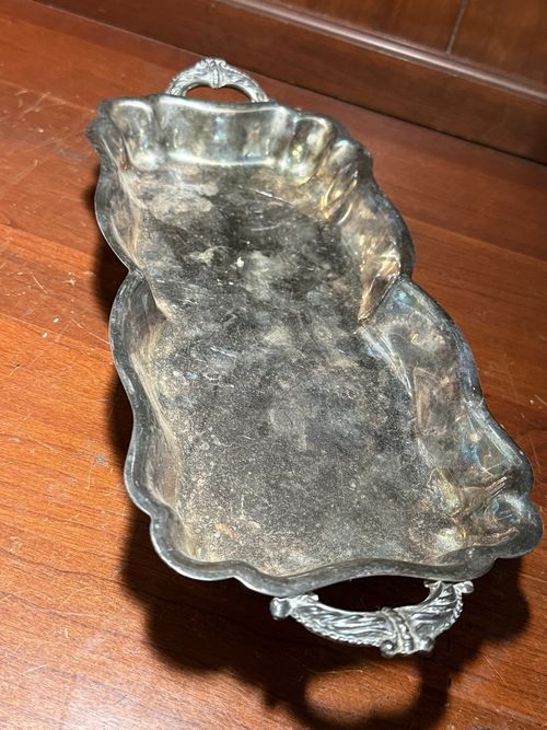 Silverplate Silver on Copper Ornate Serving Tray w/ Handles Scalloped Feet — image 7